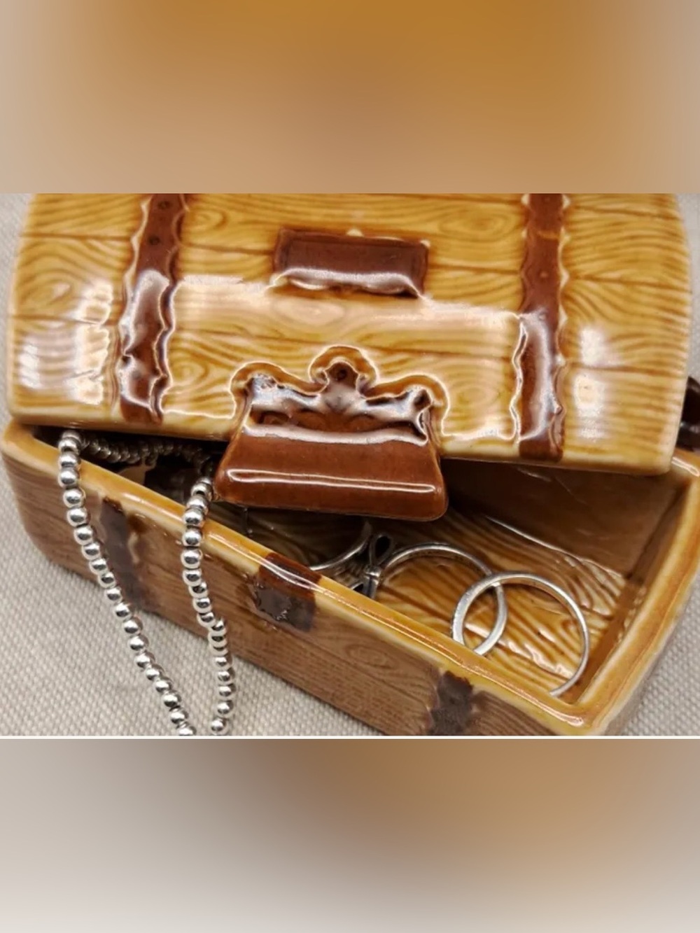 Vintage Wade Porcelain Treasure Chest Trinket Box, Wood Grain Ceramic Jewellery